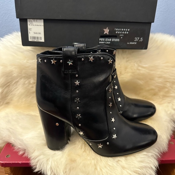LAURENCE DECADE 37.5 Pete Star Studs black leather heeled bootie boots - Picture 2 of 13